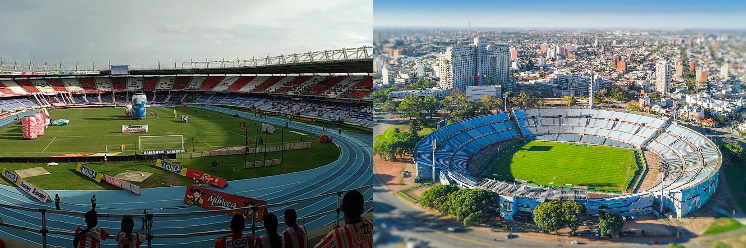 Estádio Metropolitano de Barranquilla à esquerda e Estádio Centenário de Montevidéu à direita.