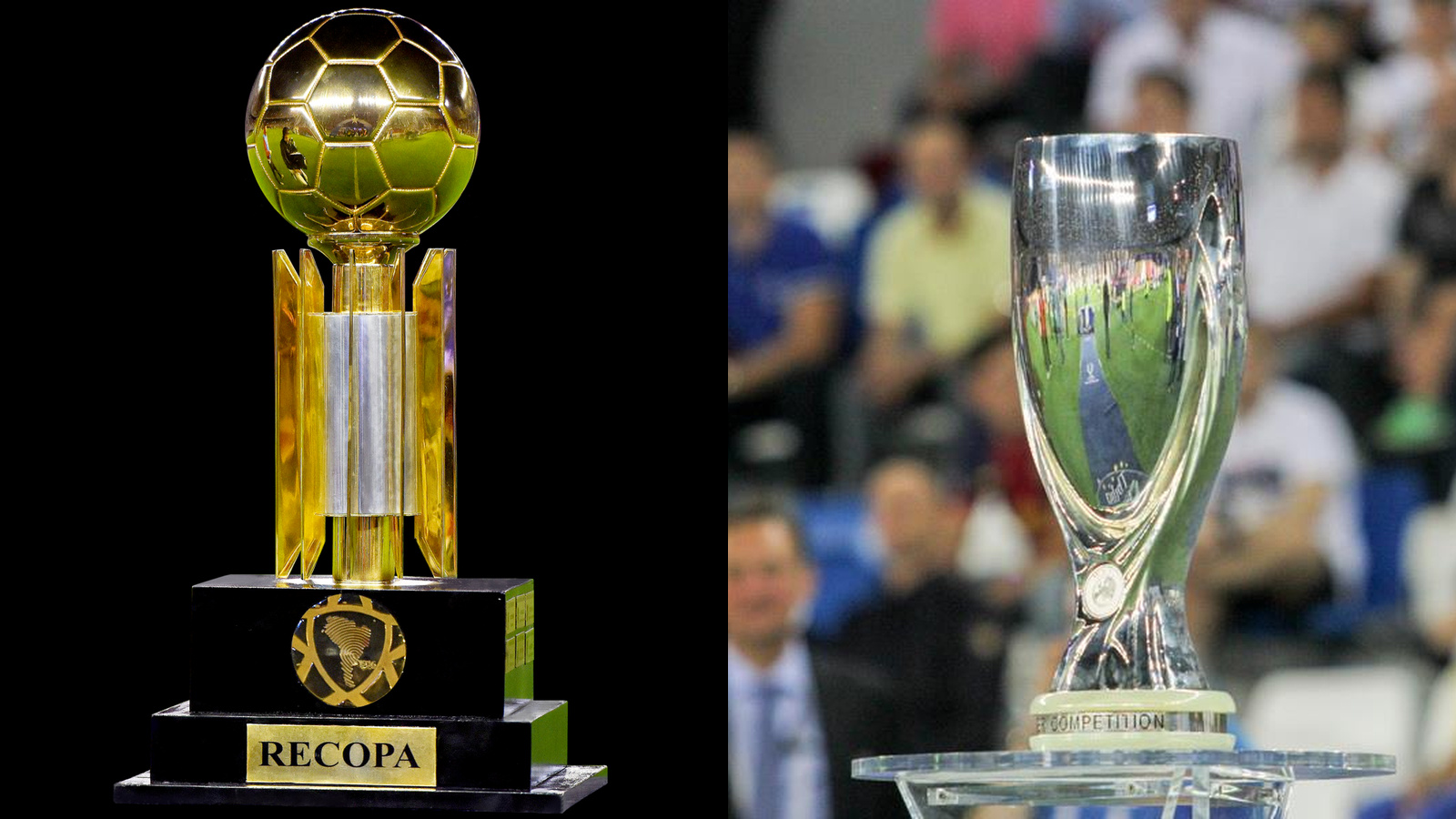 Troféus da CONMEBOL Recopa e da Supercopa da UEFA lado a lado.